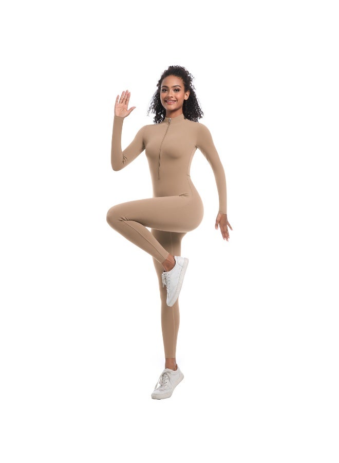 general Solid-color high-elastic half-open zipper tight long yoga suit for fitness, running and sports, one-piece garment - Image 2